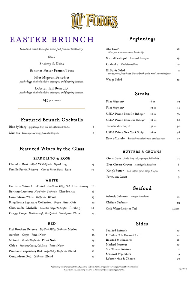 III Forks Easter Menu 2019