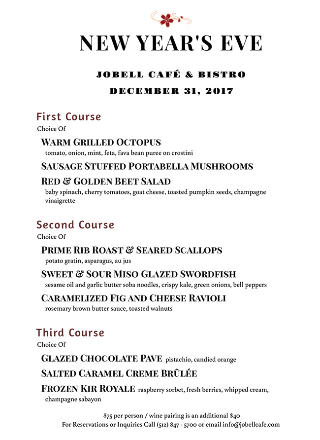 Jobell Cafe Austin Tx New Years Eve Menu