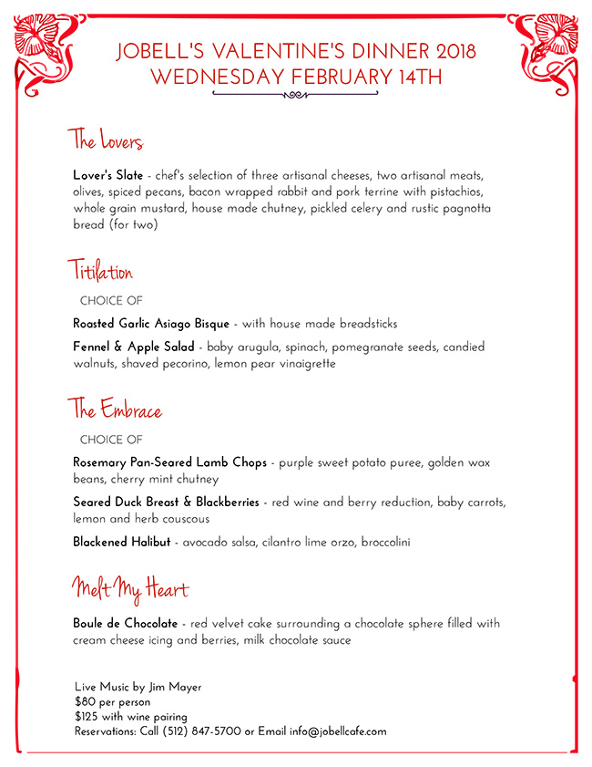 Jobell Bistro & Cafe Valentine's Dinner Menu