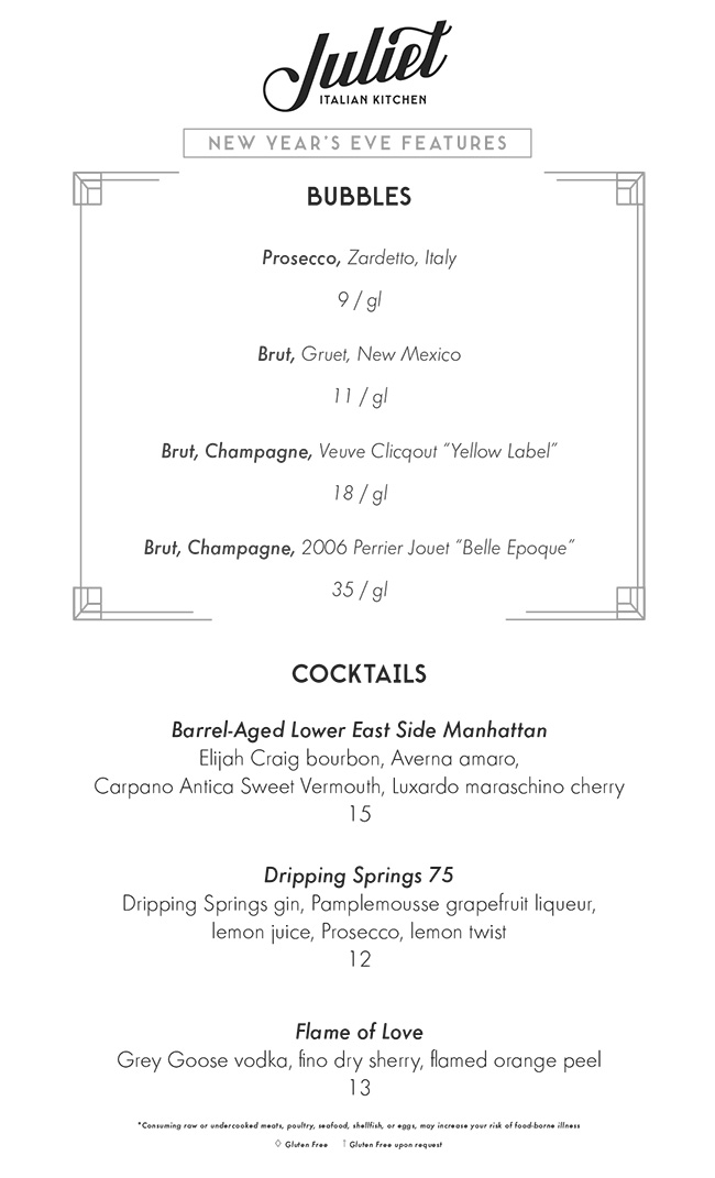 Juliet Austin TX New Years Eve Menu 2