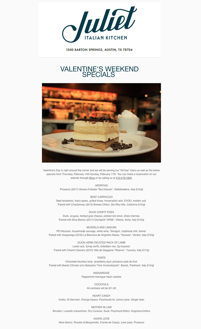 Juliet Italian Kitchen Valentines 2019